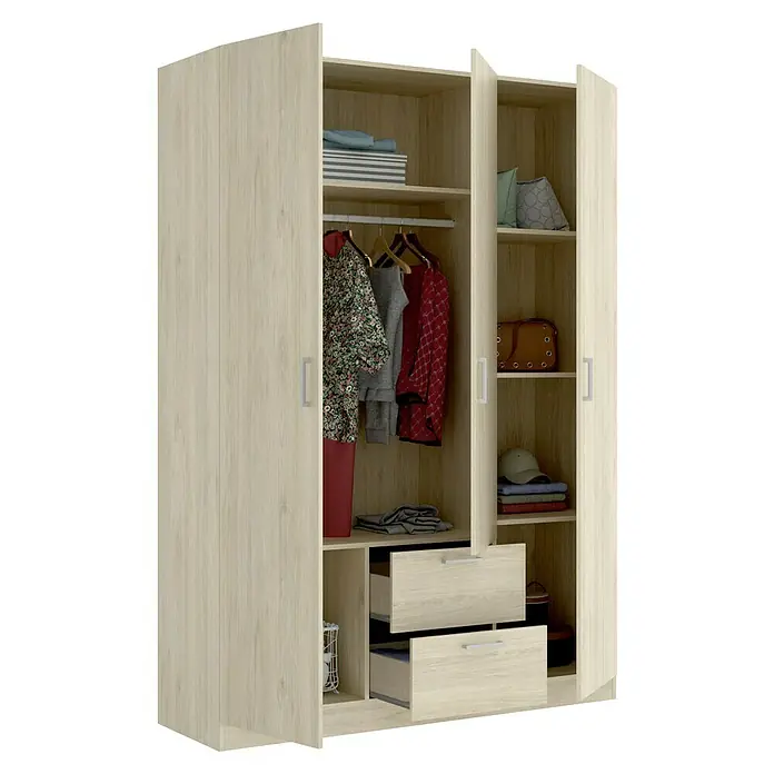 Dekit Armario para ropa Maxi - L x An x Al: 52 x 150 x 215 cm, Roble, Número de puertas: 3 ud. - Una foto del espacioso armario de madera con diversas prendas de vestir, accesorios y estantes.