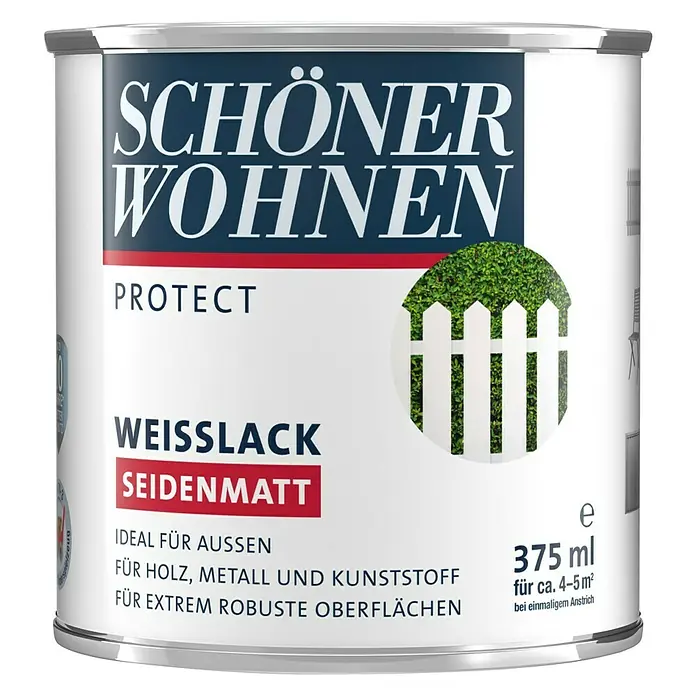 SCHÖNER WOHNEN-Farbe Protect Weißlack - Weiß, Seidenmatt, 375 ml, Lösemittelbasiert - Ein Eimer SCHÖNER WOHNEN Protect Weißlack Seidenmatt, ideal für den Außenbereich für Holz, Metall und Kunststoff.