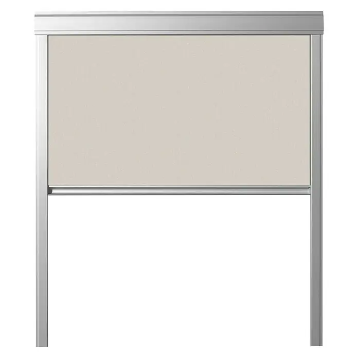 Verdunkelungsrollo DUA - Beige, 78 x 118 cm, Passend für: Dachfenster 78 x 118 cm von Solid Elements, VELUX®, FAKRO® - Das Bild zeigt eine moderne, beige Rollmarkise mit einem silbernen Rahmen, ideal für stilvollen Sonnenschutz und Privatsphäre.