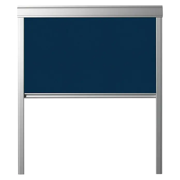 Verdunkelungsrollo DUA - Dunkelblau, 78 x 98 cm, Passend für: Dachfenster 78 x 98 cm von Solid Elements, VELUX®, FAKRO® - Bild eines Rollladens mit einem dunklen blauen Stoff und einem silberfarbenen Rahmen. Der Rollladen ist teilweise geöffnet.