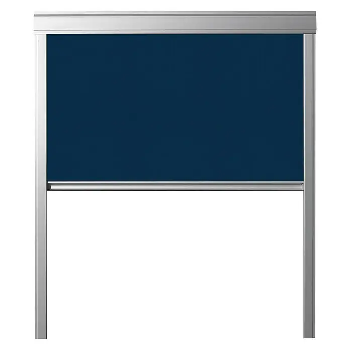 Verdunkelungsrollo DUA - Dunkelblau, 55 x 78 cm, Passend für: Dachfenster 55 x 78 cm von Solid Elements, VELUX®, FAKRO® - Das Bild zeigt einen blauen Insektenschutz-Rollladen mit silbernem Rahmen, ideal für Fenster und Türen. Er bietet Schutz vor Insekten.
