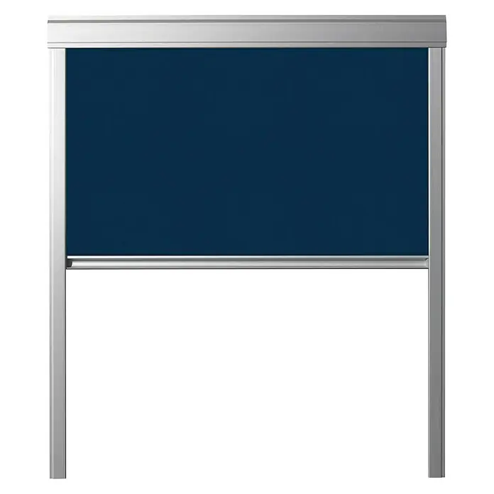 Verdunkelungsrollo DUA - Dunkelblau, 78 x 118 cm, Passend für: Dachfenster 78 x 118 cm von Solid Elements, VELUX®, FAKRO® - Hier ist ein Rollladen mit silbernem Rahmen und marineblauem Stoff. Das Produkt ist für den Innenbereich geeignet und bietet Privatsphäre.
