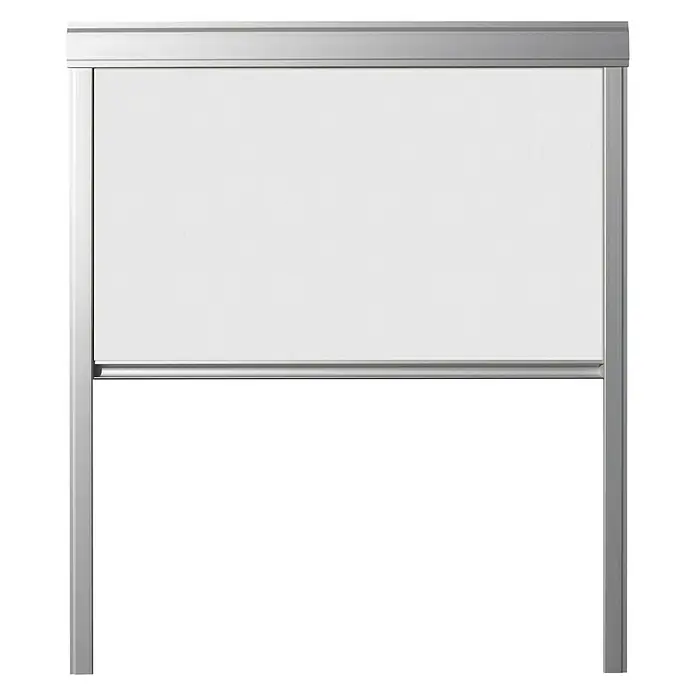 Verdunkelungsrollo DUA - Weiß, 55 x 78 cm, Passend für: Dachfenster 55 x 78 cm von Solid Elements, VELUX®, FAKRO® - Darstellung einer modernen, freistehenden, silberfarbenen Whiteboard-Tafel, ideal für Präsentationen und Notizen.