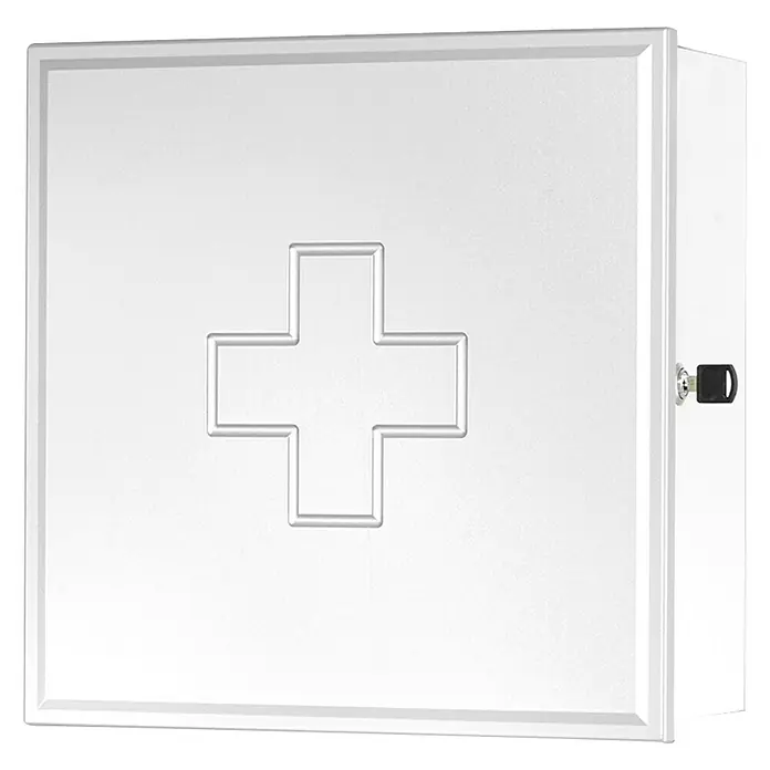 Sieper Medizinschrank - 16 x 39 x 39 cm, Weiß - Ein weißer Erste-Hilfe-Kasten mit einem geprägten Kreuz in der Mitte und einem kleinen Schloss an der Seite.