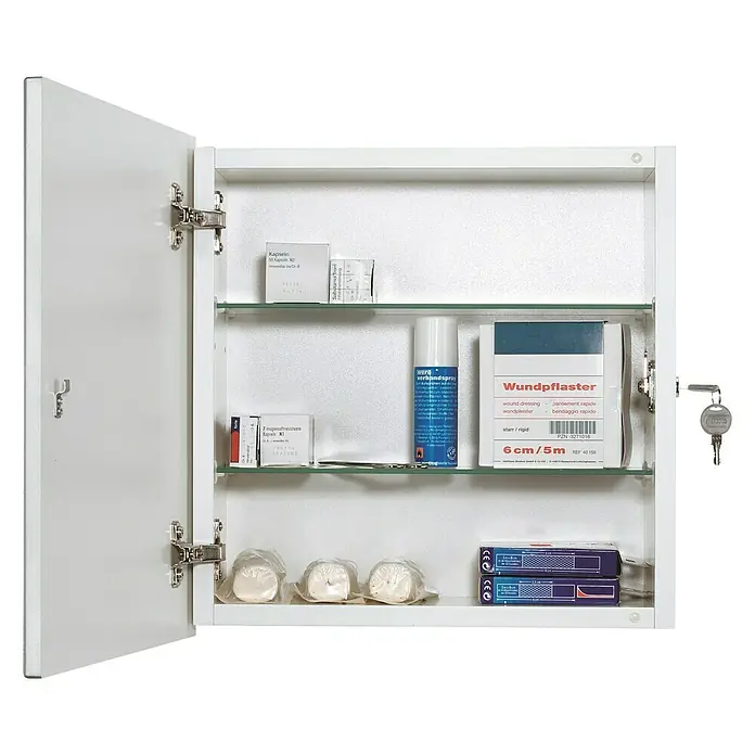 Sieper Medizinschrank - 16 x 39 x 39 cm, Weiß - Ein offener Medizinschrank mit verschiedenen Medikamenten, Verbandsmaterialien und einer Sprühflasche.