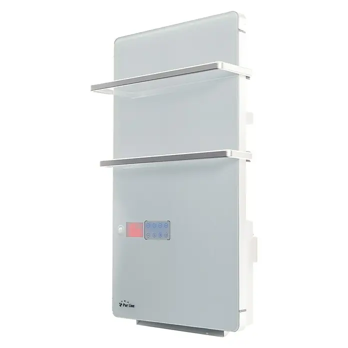 Purline Radiador toallero Zafir V2000T - An x Al: 46 x 80 cm, Blanco - Un toallero blanco moderno con pantalla digital y dos toalleros para baños o aseos de invitados.