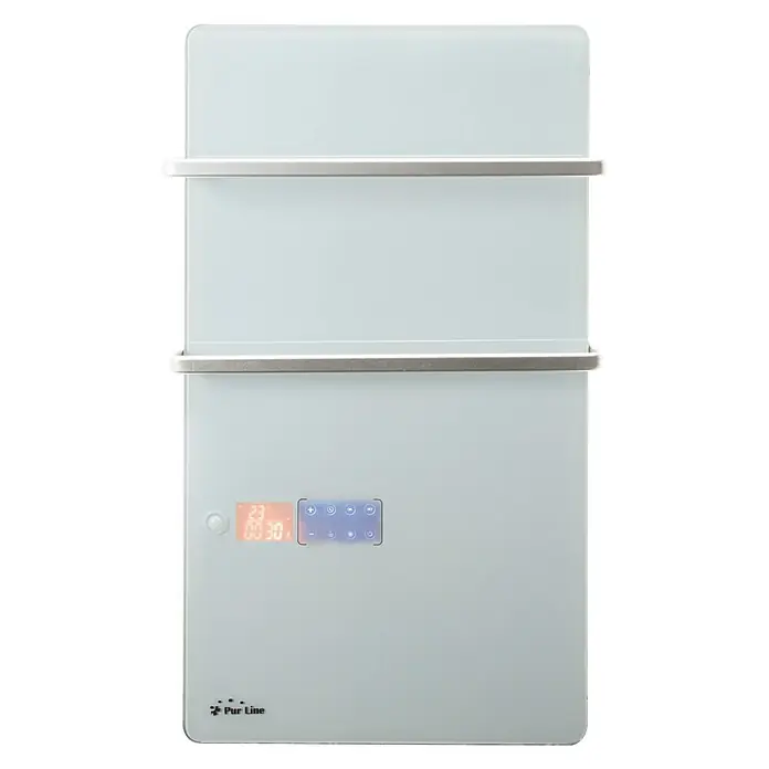Purline Radiador toallero Zafir V2000T - An x Al: 46 x 80 cm, Blanco - Un toallero eléctrico blanco y moderno con pantalla digital y dos barras, ideal para cualquier baño.