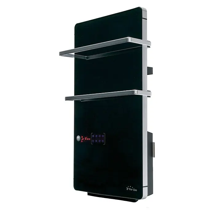 Purline Radiador toallero Zafir V2000T - An x Al: 46 x 80 cm, Negro - Imagen de un radiador toallero Pur Line negro con dos barras y pantalla digital.