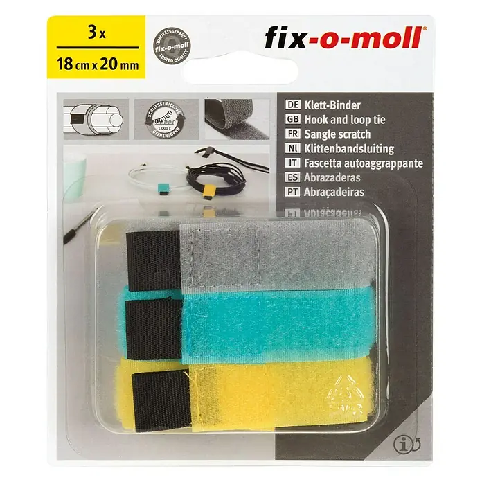 Fix-o-moll Klettbinder - L x B: 18 cm x 20 mm, Grau,Blau,Gelb, 3 Stk. - Die Fix-o-moll Klett-Binder, 3 Stück, in verschiedenen Farben, sind ideal zum Bündeln und Ordnen von Kabeln und anderen Gegenständen.
