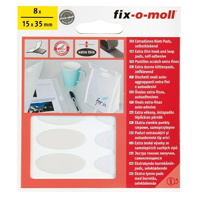 Fix-o-moll Klettpad (L x B: 35 x 15 mm, Weiß, Selbstklebend, 8 Stk.)