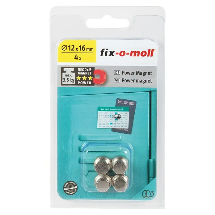 Suki Magnet - Rund, L x B x H: 12 x 12 x 16 mm - Das Bild zeigt eine Verpackung Fix-o-moll Power Magnete (4 Stück, Ø12x16 mm, Neodym Magnet).