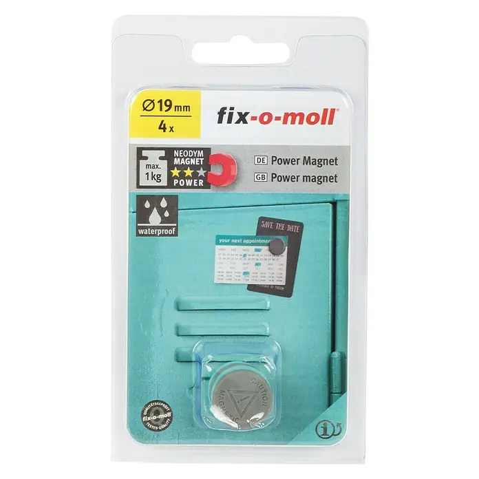 Suki Magnet in Silikon - Rund, Durchmesser: 19 mm, 4 Stk. - Bild eines fix-o-moll Power Magnet Sets mit 4 Magneten, Durchmesser 19mm, Neodym Magnet, max. 1kg Power, wasserfest, für den vielseitigen Einsatz im Haushalt.