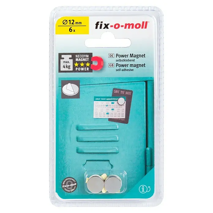 Suki Magnet selbstklebend - Rund, Durchmesser: 12 mm, 6 Stk. - Packung Fix-o-Moll Power Magnete, selbstklebend, Durchmesser 12 mm, 6 Stück, für bis zu 4 kg. Ideal zum Befestigen von Notizen und Fotos.