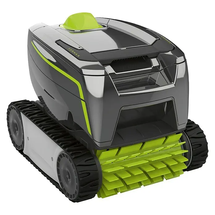 Zodiac Robot de piscina Tornax GT2120 - Funcionamiento en red, Piscinas 8 x 4 m, 11 m³/h - Un robot de limpieza de piscinas gris moderno con detalles verdes y orugas, diseñado para una limpieza eficiente.