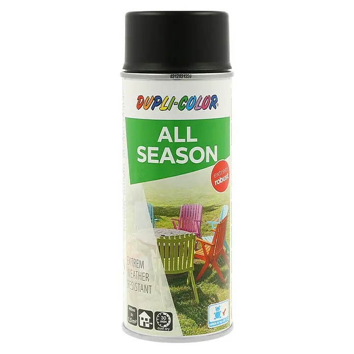 Dupli-Color Color Sprühlack ALL SEASON RAL 9005 - Tiefschwarz, Matt, 400 ml - Dose Dupli-Color All Season Sprühlack in Schwarz, ideal für verschiedene Oberflächen und Wetterbedingungen, für den Innen- und Außenbereich.