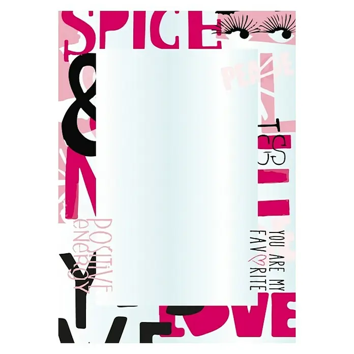 Kristall-Form Siebdruckspiegel Newlife 1 - 50 x 70 cm - Das Foto zeigt einen Rahmen mit den Aufschriften "Spice", "Positive Energy", "Love" und "You are my favorite" in Rosa und Schwarz.