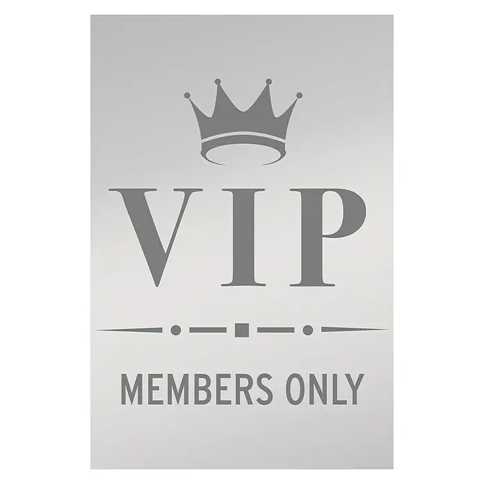 Kristall-Form Siebdruckspiegel VIP - 40 x 60 cm - Silbernes Schild "VIP Members Only" mit einer Krone darüber, das Exklusivität und gehobenen Zutritt signalisiert.