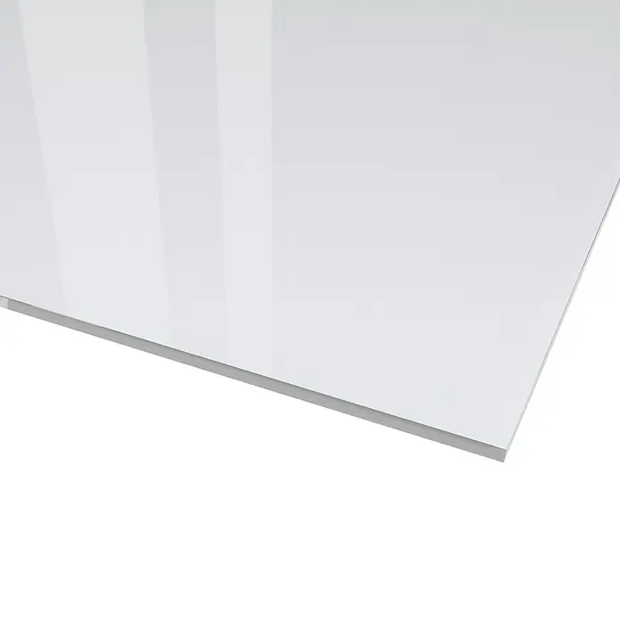 Kunstglas Owocor - 200 cm x 100 cm x 5 mm, Eben, Klar, Polystyrol - Glatte, glänzende weiße Oberfläche, ideal für moderne Designs. Die reflektierende Beschaffenheit betont die Reinheit und Eleganz der Platte.