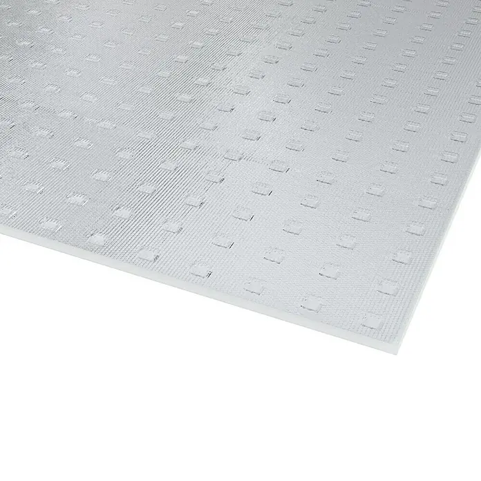 Kunstglas Owocor - 200 cm x 100 cm x 5 mm, Carree, Klar, Polystyrol - Nahaufnahme einer strukturierten, hellen Akustikplatte. Ideal für Schallschutz und modernes Design in Innenräumen.