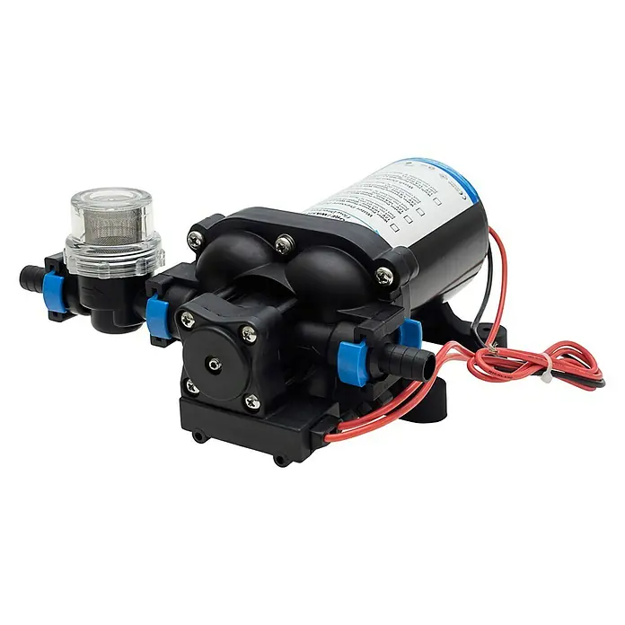Albin Pump Druckwasserpumpe WPS 2,6 - Max. Fördermenge: 10 l/min, 12 V - Schwarze Membranpumpe mit Vorfilter und roter Verkabelung für den universellen Einsatz.