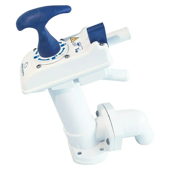 Albin Pump Toilettenpumpe - Geeignet für: Manuelle Toiletten - Manuelle Marine-Toilettenpumpe mit blauem Griff und weißem Gehäuse für eine einfache und zuverlässige Toilettenspülung auf Booten.