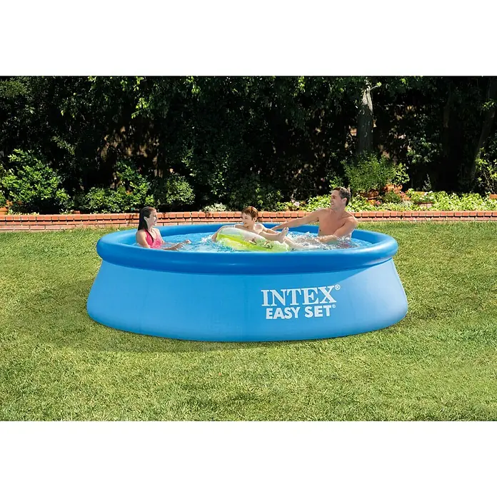 Intex Piscina Quick-Up Easy Set - Ø x Al: 305 x 76 cm, Azul, 3.835 l - Familia disfrutando de una piscina Intex Easy Set en el jardín.