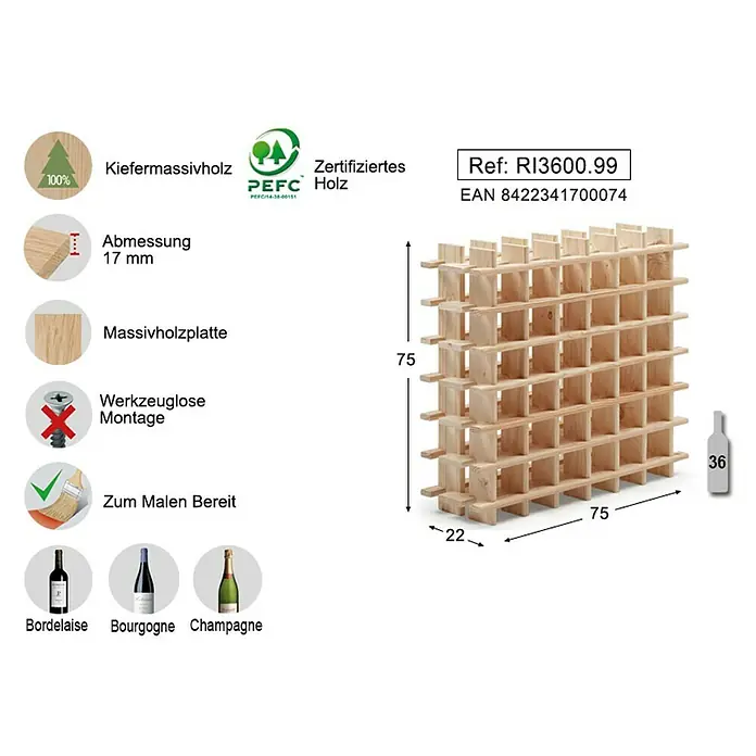 Astigarraga Weinregal - L x B x H: 75 x 22 x 75 cm, Anzahl Flaschen: 36 Stk. - Produktabbildung eines Weinregals aus Kiefernholz mit den Maßen 75x75x22 cm, geeignet für Bordelaise, Bourgogne und Champagnerflaschen.