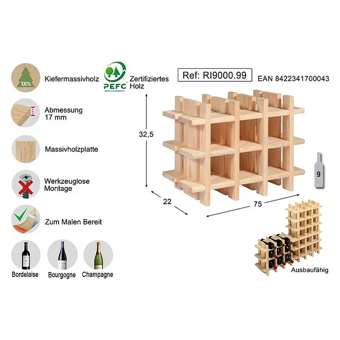 Astigarraga Weinregal - L x B x H: 43 x 22 x 32,5 cm, Anzahl Flaschen: 9 Stk. - Produktbild: Weinregal aus massivem Kiefernholz, erweiterbar, ideal zur Aufbewahrung von Bordeaux-, Burgunder- und Champagnerflaschen.