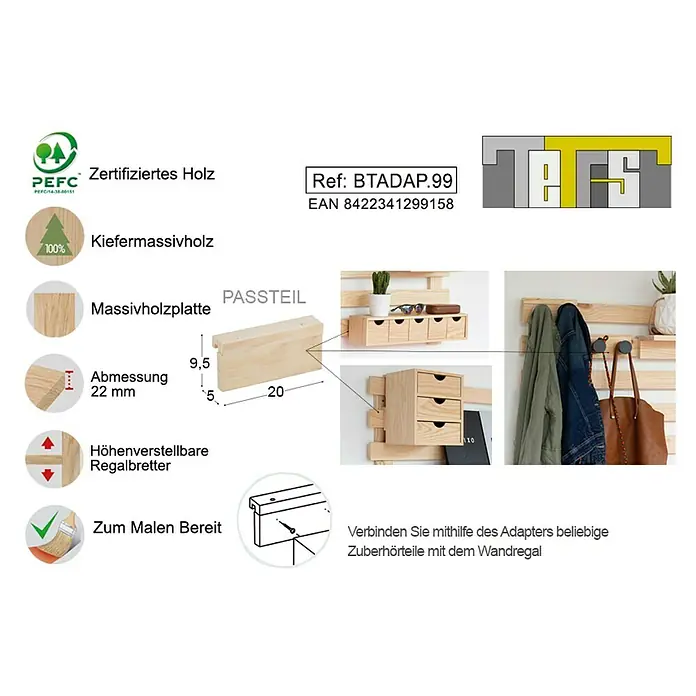 Astigarraga Adapter BTADAP.99 - L x B x H: 20 x 9,5 x 5 cm, Kiefernholz - Das Bild zeigt ein Holz-Wandregalsystem mit Zubehör, bestehend aus Kiefermassivholz und einer Massivholzplatte.