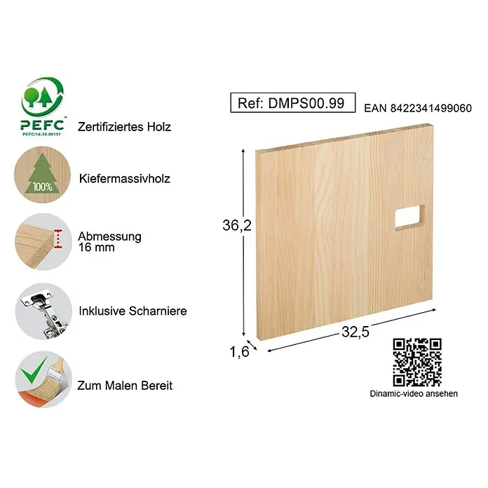 Astigarraga Dinamic Möbeltür - L x B x H: 36,2 x 32,5 x 1,6 cm, Kiefernholz - Bild einer Holzplatte mit den Maßen 36,2 x 32,5 x 1,6 cm. Inklusive Scharniere und zum Malen bereit.