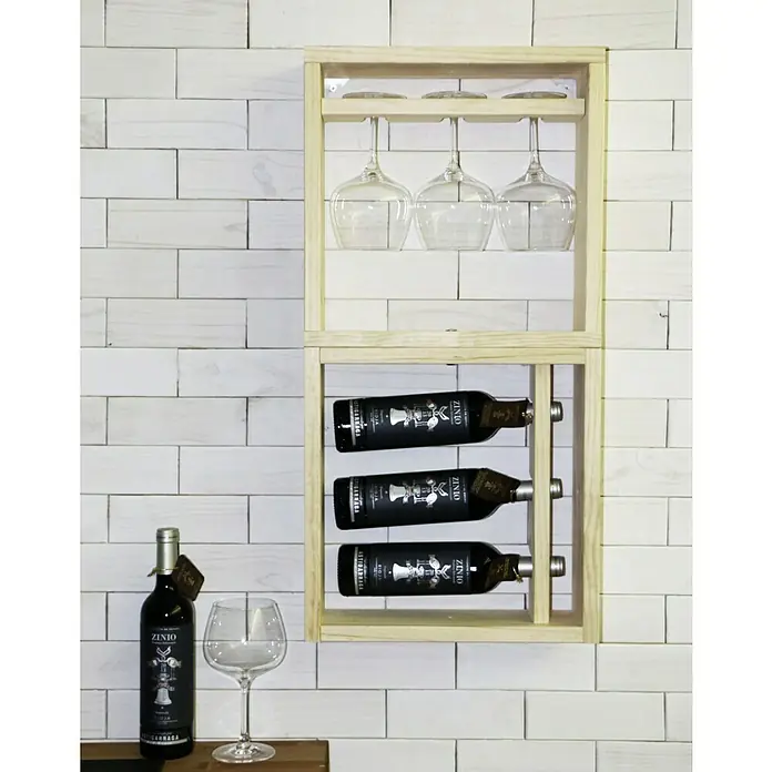 Astigarraga Weinregal - L x B x H: 12 x 40 x 40 cm, Holz, Anzahl Flaschen: 3 Stk. - Ein Holzkasten zur Weinlagerung mit Gläserhalterung, gefüllt mit drei Flaschen ZINIO Rioja Wein und zwei Weingläsern.