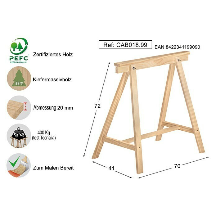Holzbock Deco (Tragkraft: 400 kg bei 2 Holzböcken, Höhe: 72 cm, Kiefer, Natur)