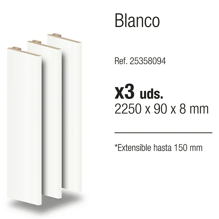 Recrecido extensible de 90 a 150 mm - 90 x 8 mm, Blanco - Un juego de tres rodapiés blancos, extensible hasta 150 mm, perfecto para una transición limpia y moderna al suelo.