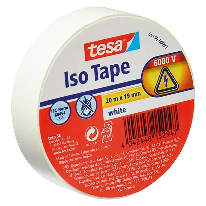 Tesa Cinta aislante Iso Tape - Blanco, L x An: 20 m x 19 mm - Tesa Iso Tape: Rollo de cinta aislante blanca, apta hasta 6000V, de 20m x 19mm, ideal para tareas de aislamiento eléctrico.