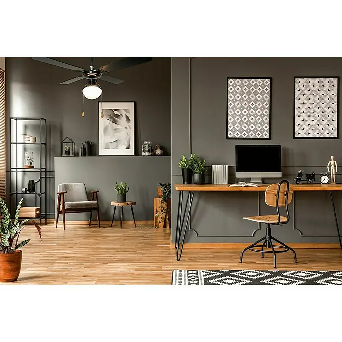 Arte confort Ventilador de techo Hawaii - Negro, 107 cm, 55 W - La imagen muestra una habitación elegante con un ventilador de techo prominente, que complementa perfectamente el espacio y contribuye a su ambiente acogedor.