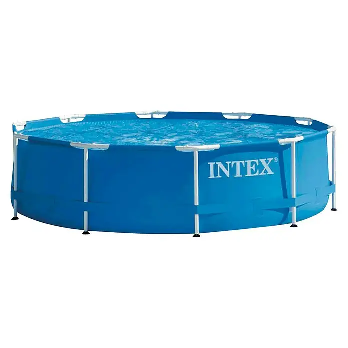 Intex Piscina Frame Rondo - Ø x Al: 305 x 76 cm, Azul, 4.485 l - Imagen de una piscina Intex con una cuenca azul y marco blanco, llena de agua, perfecta para la diversión veraniega en tu propio patio.