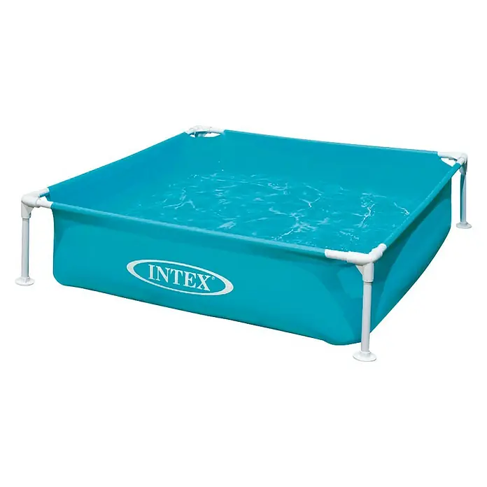 Intex Piscina Frame Pool Mini - L x An x Al: 122 x 122 x 30 cm, Azul, 342 l - Piscina infantil azul Intex con estructura blanca, llena de agua y lista para la diversión veraniega.