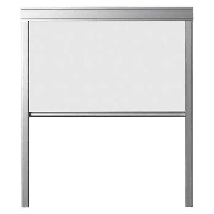 Verdunkelungsrollo DUA - Weiß, 78 x 118 cm, Passend für: Dachfenster 78 x 118 cm von Solid Elements, VELUX®, FAKRO® - Ein freistehendes, rollbares Whiteboard mit einem silbernen Rahmen und einer hellen, beschreibbaren Oberfläche.