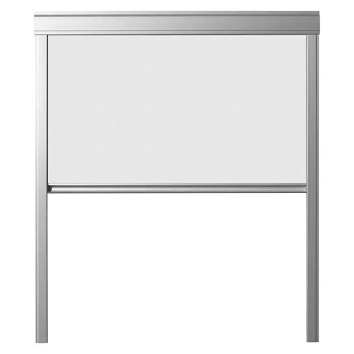 Verdunkelungsrollo DUA - Weiß, 114 x 118 cm, Passend für: Dachfenster 114 x 118 cm von Solid Elements, VELUX®, FAKRO® - Das Bild zeigt eine freistehende, hochwertige, weiße und trocken abwischbare Whiteboard-Tafel mit einem schlanken silbernen Rahmen.