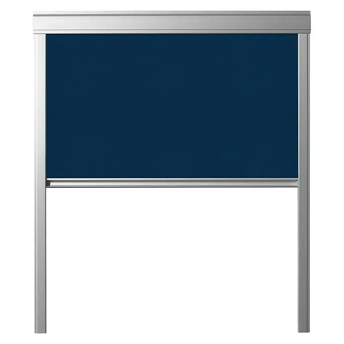 Verdunkelungsrollo DUA - Dunkelblau, 55 x 98 cm, Passend für: Dachfenster 55 x 98 cm von Solid Elements, VELUX®, FAKRO® - Dieses Bild zeigt eine blaue Rollo, die in einem silbergrauen Rahmen befestigt ist und ein modernes und funktionales Design aufweist.
