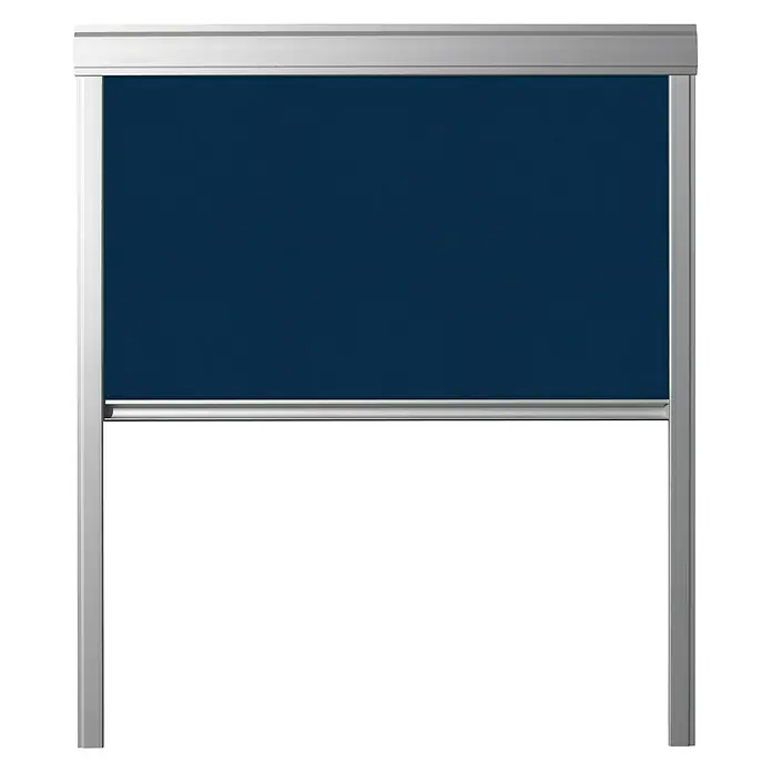 Verdunkelungsrollo DUA - Dunkelblau, 118 x 66 cm, Passend für: Dachfenster 66 x 118 cm von Solid Elements, VELUX®, FAKRO® - Bildschirmrollosystem mit blauem Sichtschutz. Das Rollo ist in einem silbernen Rahmen befestigt, um die Privatsphäre zu erhöhen.