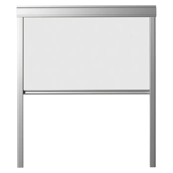 Verdunkelungsrollo DUA - Weiß, 55 x 98 cm, Passend für: Dachfenster 55 x 98 cm von Solid Elements, VELUX®, FAKRO® - Nahaufnahme eines weißen Whiteboards mit silbernem Rahmen. Ideal für Büro oder Schulungsraum.