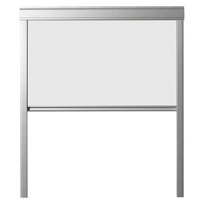 Verdunkelungsrollo DUA - Weiß, 66 x 118 cm, Passend für: Dachfenster 66 x 118 cm von Solid Elements, VELUX®, FAKRO® - Bild eines modernen, freistehenden Whiteboards mit silberfarbenem Rahmen. Ideal für Büros und Konferenzräume.