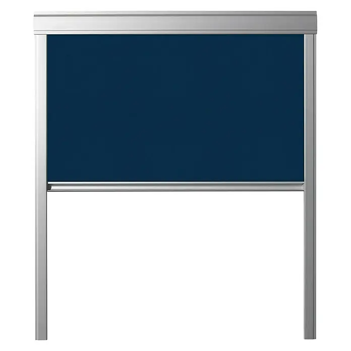Verdunkelungsrollo DUA - Dunkelblau, 114 x 118 cm, Passend für: Dachfenster 114 x 118 cm von Solid Elements, VELUX®, FAKRO® - Eine Nahaufnahme eines blauen Rollos mit einem silbernen Rahmen, das teilweise heruntergezogen ist und einen modernen Look bietet.