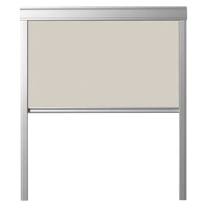 Verdunkelungsrollo DUA - Beige, 66 x 118 cm, Passend für: Dachfenster 66 x 118 cm von Solid Elements, VELUX®, FAKRO® - Eine Detailansicht eines Rollos mit einem modernen, silberfarbenen Rahmen und einem neutralen, beigefarbenen Stoff.