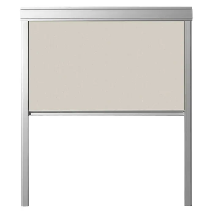 Verdunkelungsrollo DUA - Beige, 114 x 118 cm, Passend für: Dachfenster 114 x 118 cm von Solid Elements, VELUX®, FAKRO® - Bild eines modernen Rollladens mit einem hellen Stoff und einem silberfarbenen Rahmen für ein minimalistisches Design.