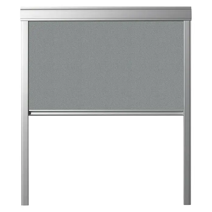 Verdunkelungsrollo DUA - Grau, 55 x 78 cm, Passend für: Dachfenster 55 x 78 cm von Solid Elements, VELUX®, FAKRO® - Das Bild zeigt eine moderne, graue Informationstafel mit einem silberfarbenen Rahmen, ideal für Büros und öffentliche Räume.