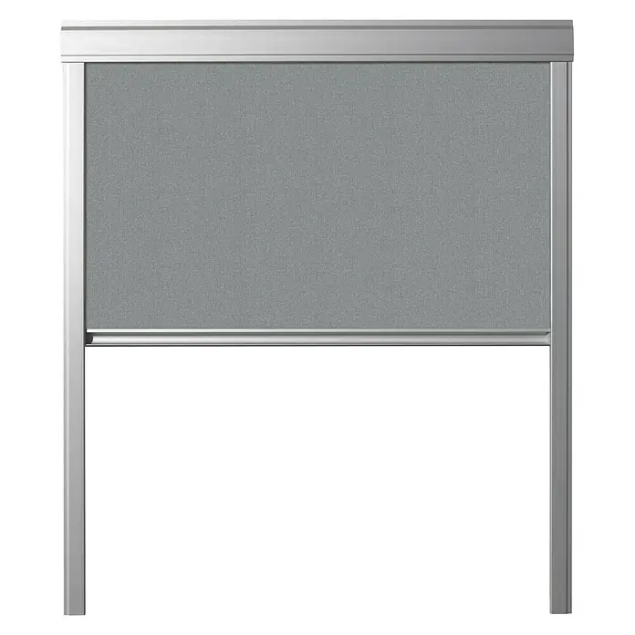 Verdunkelungsrollo DUA - Grau, 66 x 118 cm, Passend für: Dachfenster 66 x 118 cm von Solid Elements, VELUX®, FAKRO® - Das Bild zeigt eine moderne, silberfarbene Rollleinwand. Das graue Tuch ist straff gespannt und bietet eine professionelle Projektionsfläche.