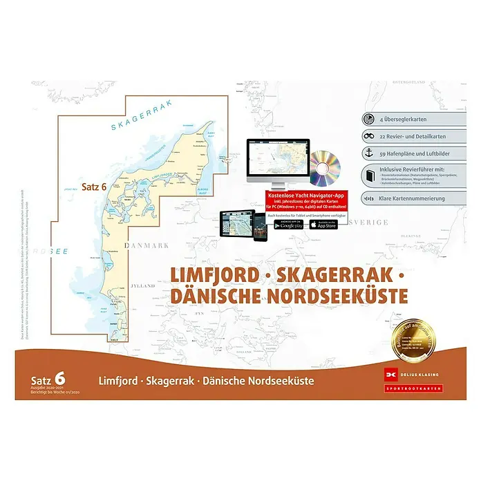 Sportbootkarten Satz 6: Limfjord - Skagerrak - Dänische Nordseeküste - Ausgabe 2021 - Produktabbildung einer Seekarte "Limfjord - Skagerrak - Dänische Nordseeküste" mit Detailinformationen und Navigationshinweisen für Segler.