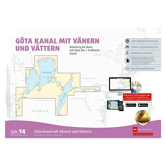 Sportbootkarten Satz 14: Götakanal mit Vänern und Vättern - Ausgabe 2021 - Produktabbildung der „Göta Kanal mit Vänern und Vättern“-Sportbootkarte von Delius Klasing. Die Karte zeigt die schwedische Wasserstraße.